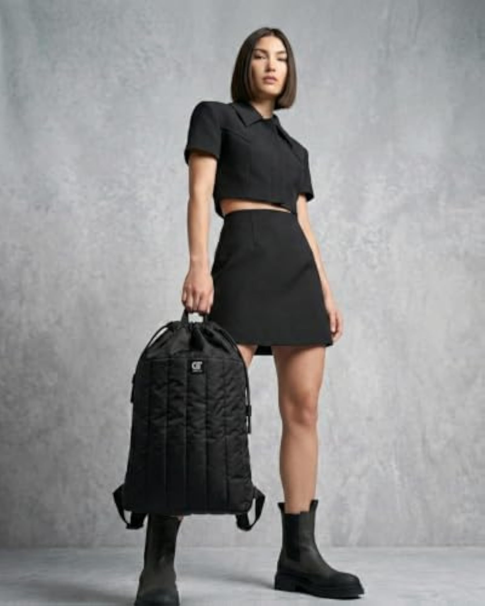 Quilted Drawstring Backpack, Black Cinch Sack